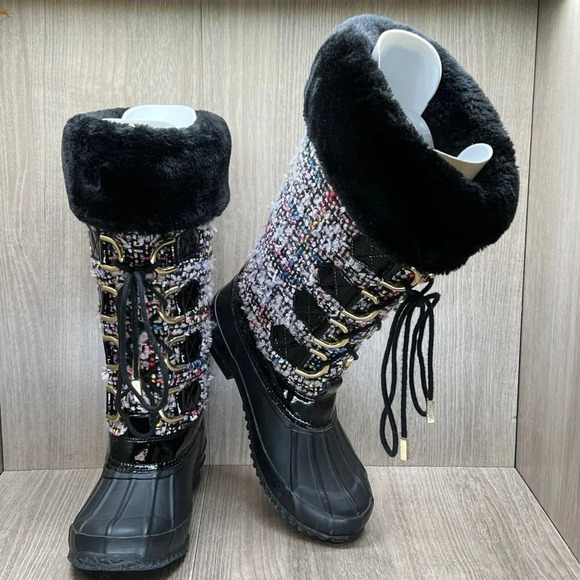 INC International Concepts Winter Boots Women Size 6 Tweed Faux Fur Lined Black - Picture 5 of 12